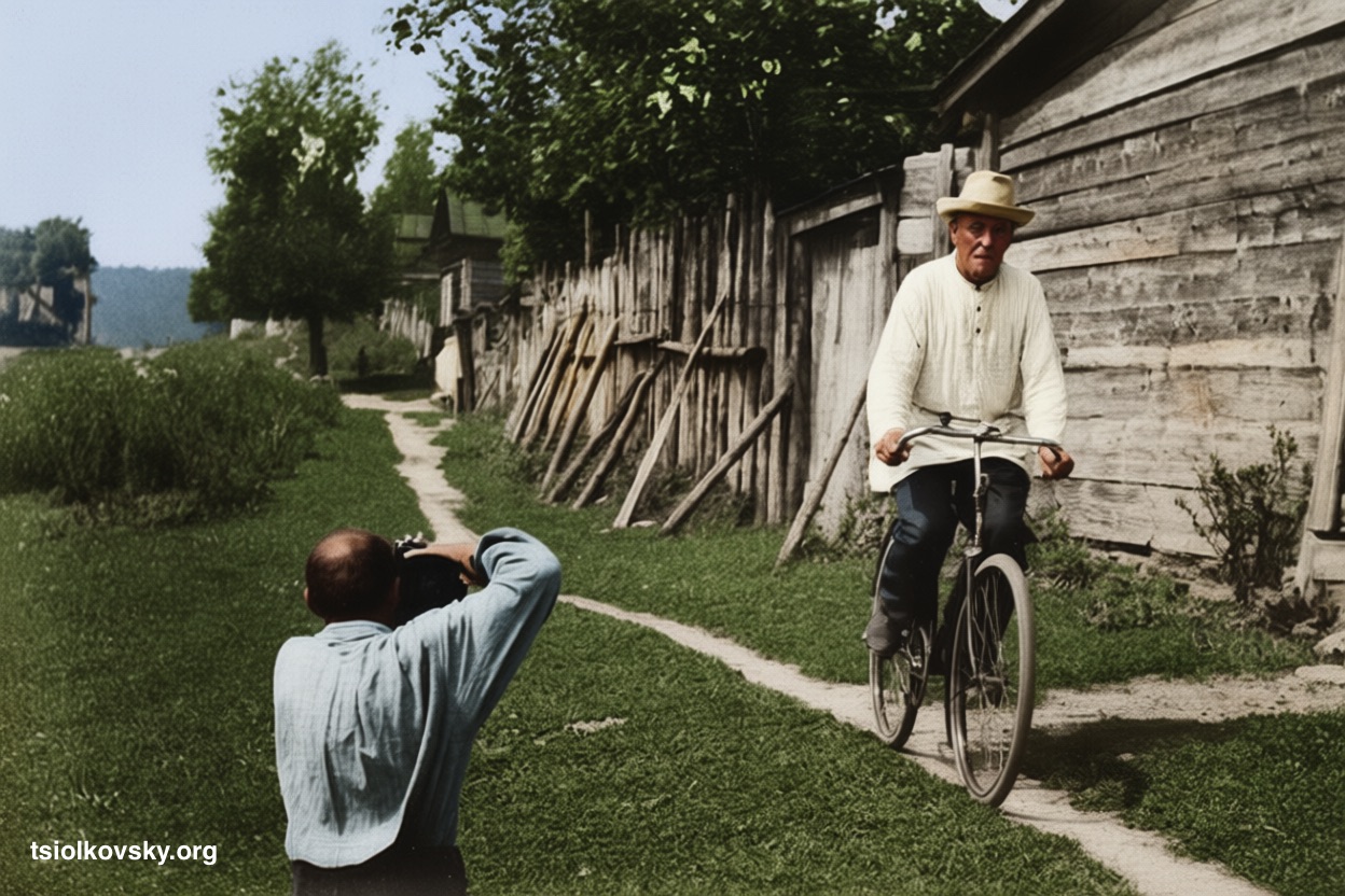 Konstantin Tsiolkovsky returns from a bicycle ride. 1932. A photocopy of a black-and-white photograph, restored and colorized using modern technology.