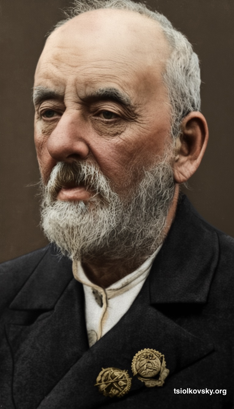 Konstantin Tsiolkovsky with the Order of the Red Banner of Labor and the badge of the USSR Osoaviakhim Activist. 1932-1933. Photographer: Chmil Feodosiy Andronikovych. . A photocopy of a black-and-white photograph, restored and colorized using modern technology.