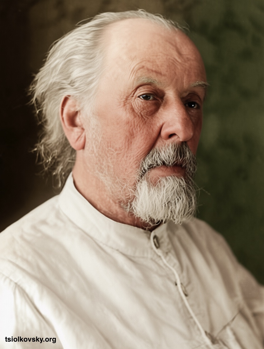 Konstantin Tsiolkovsky. 1930. A photocopy of a black-and-white photograph, restored and colorized using modern technology.