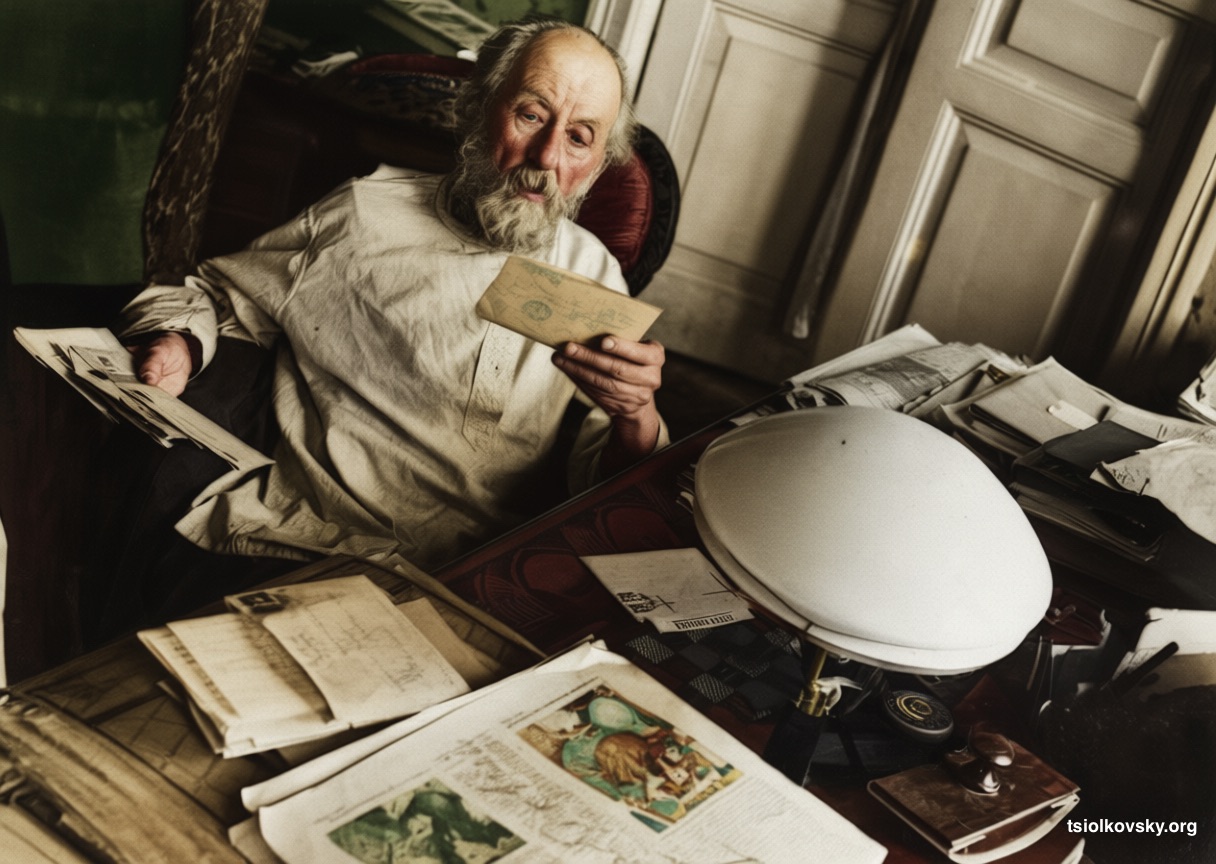 Konstantin Tsiolkovsky reviews received correspondence. 1935. Photographer: Chmil Feodosiy Andronikovych. A photocopy of a black-and-white photograph, restored and colorized using modern technology.