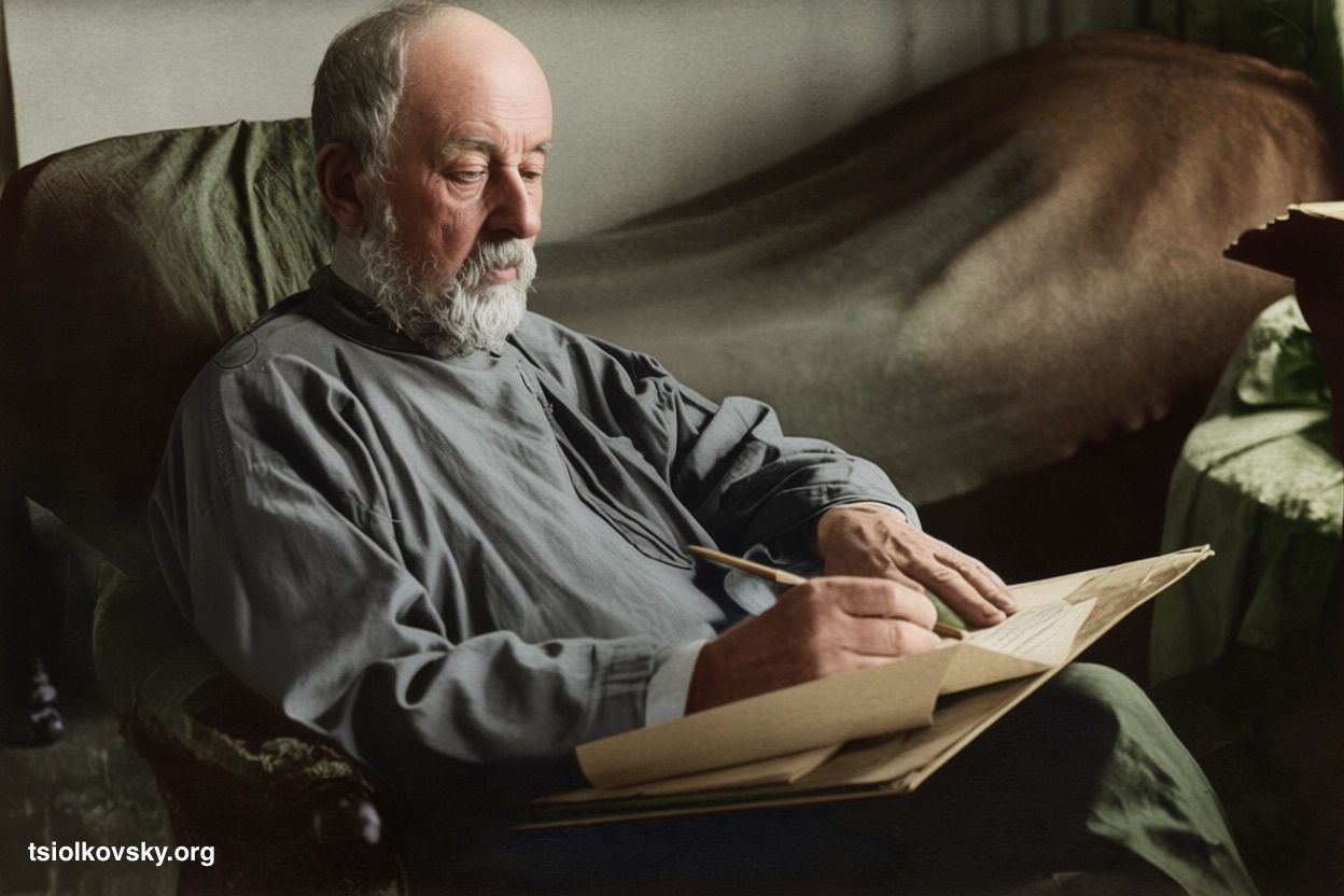 Konstantin Tsiolkovsky in his office. 1932. Photographer: Chmil Feodosiy Andronikovych. . A photocopy of a black-and-white photograph, restored and colorized using modern technology.