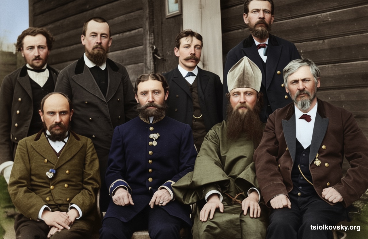 Konstantin Tsiolkovsky (second from left in the second row) among the teachers of the Kaluga School. 1895. A photocopy of a black-and-white photograph, restored and colorized using modern technology.