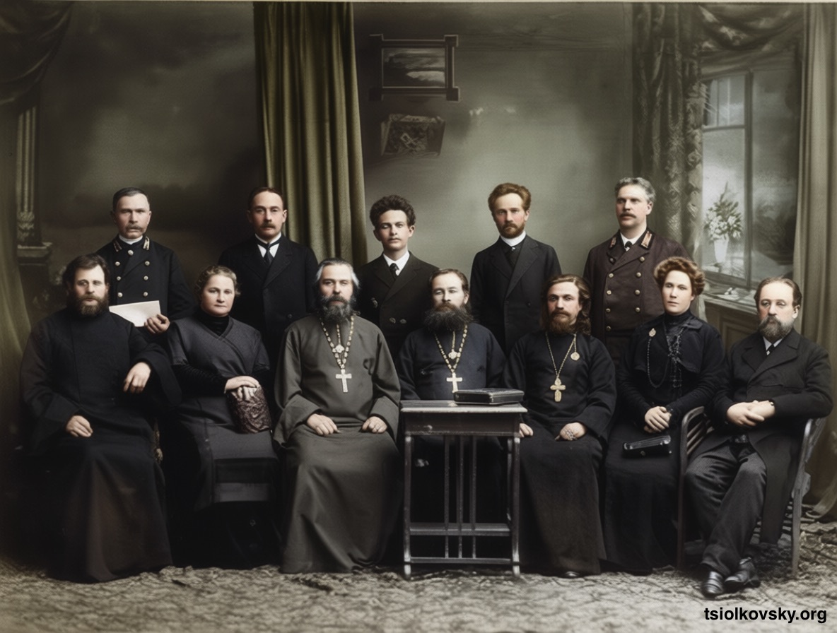 Konstantin Tsiolkovsky (far right) among the teachers of the Kaluga Diocesan Women's College. 1914. A photocopy of a black-and-white photograph, restored and colorized using modern technology.