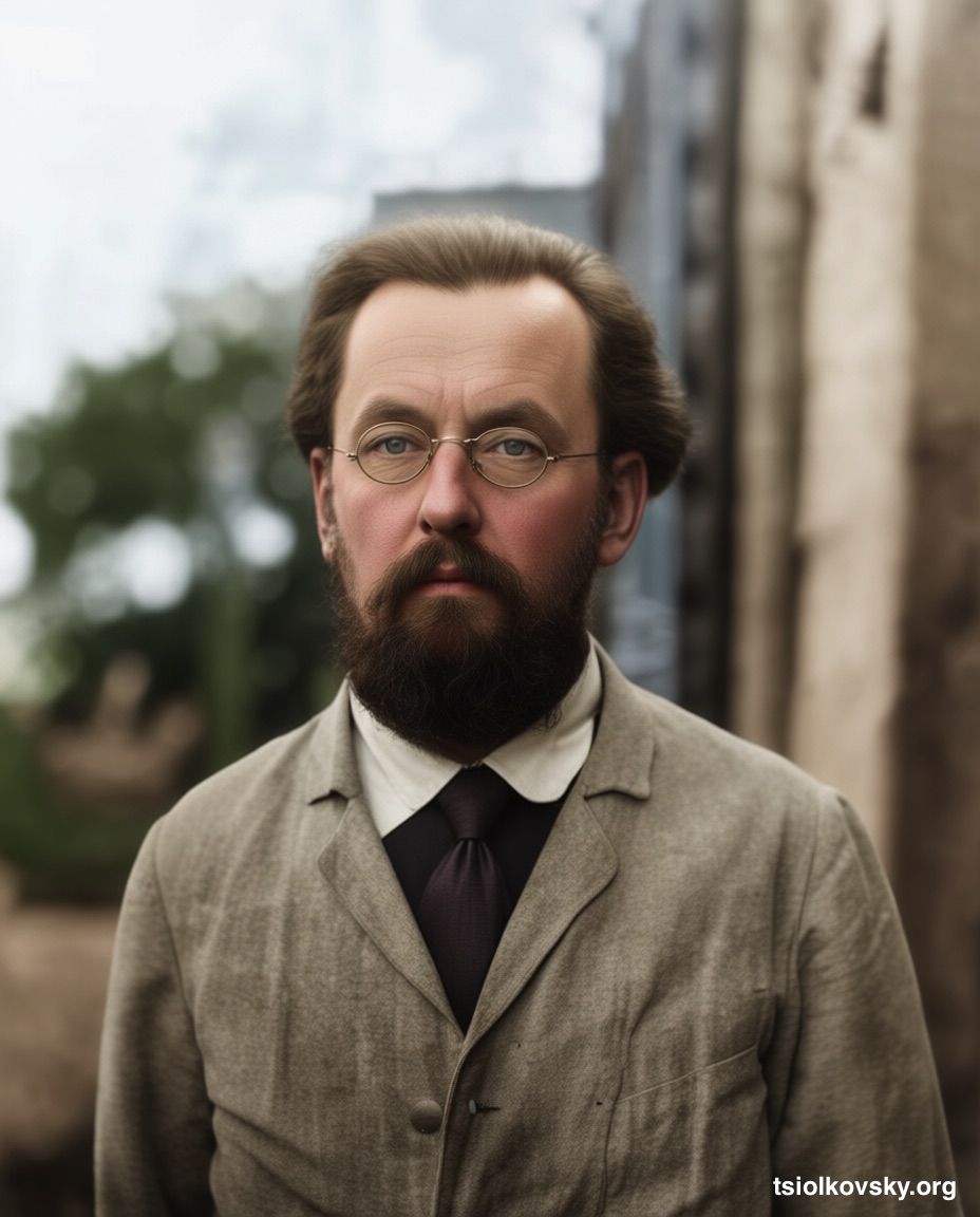 Konstantin Tsiolkovsky. 1899. A photocopy of a black-and-white photograph, restored and colorized using modern technology.