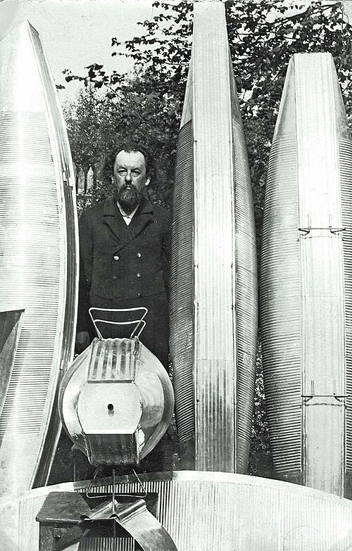 Konstantin Tsiolkovsky with models of the airship shell of his own design in the garden near his house. 1913. Photographer: Assonov Oleksandr Vasilyevich