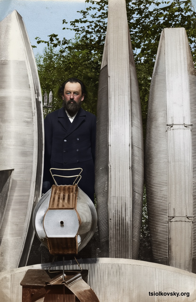 Konstantin Tsiolkovsky with models of the airship shell of his own design in the garden near his house. 1913. Photographer: Assonov Oleksandr Vasilyevich. A photocopy of a black-and-white photograph, restored and colorized using modern technology.