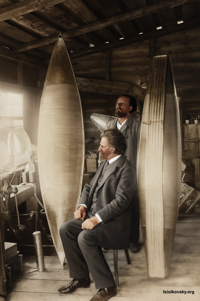 Tsiolkovsky K. E. and Assonov V. I. with models of the airship shell of the design of K. E. Tsiolkovsky of the 1912-1913 model in the scientist's workshop. Photographer: Assonov Oleksandr Vasilyevich. A photocopy of a black-and-white photograph, restored and colorized using modern technology.