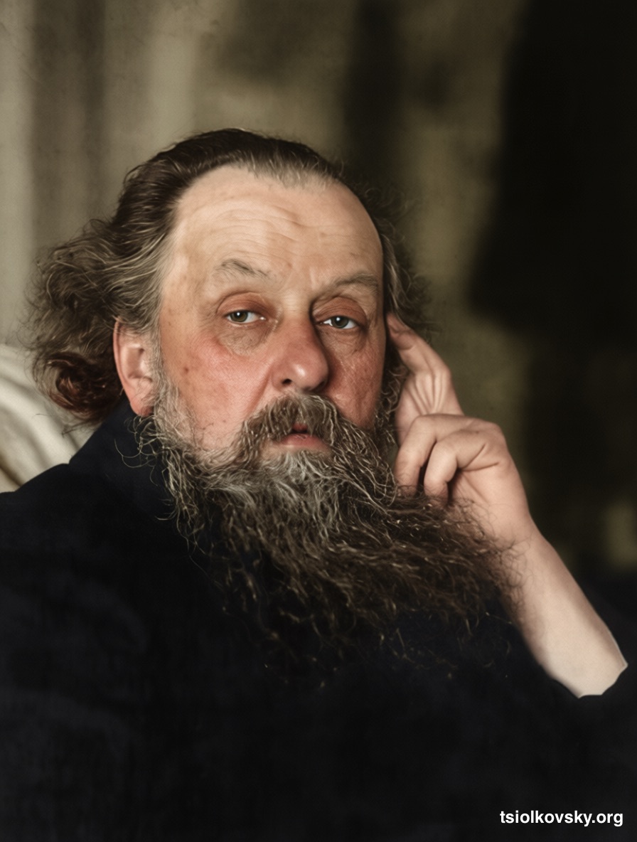 Photo portrait of Konstantin Eduardovich Tsiolkovsky. 1924. A photocopy of a black-and-white photograph, restored and colorized using modern technology.