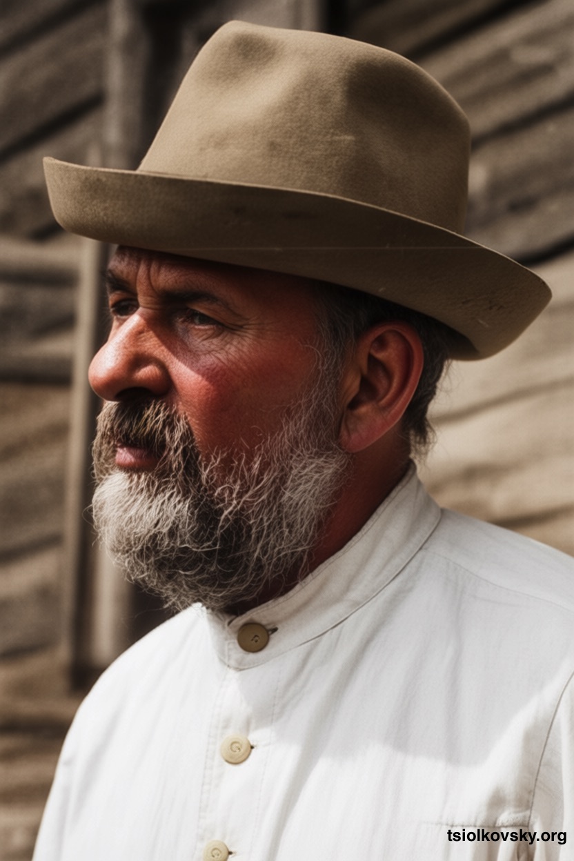 Photo portrait of Konstantin Tsiolkovsky in a hat. A photocopy of a black-and-white photograph, restored and colorized using modern technology.
