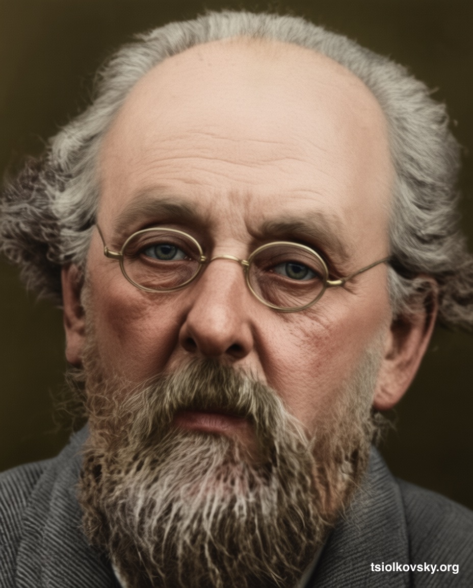 Photo portrait of Konstantin Eduardovich Tsiolkovsky. 1924. A photocopy of a black-and-white photograph, restored and colorized using modern technology.