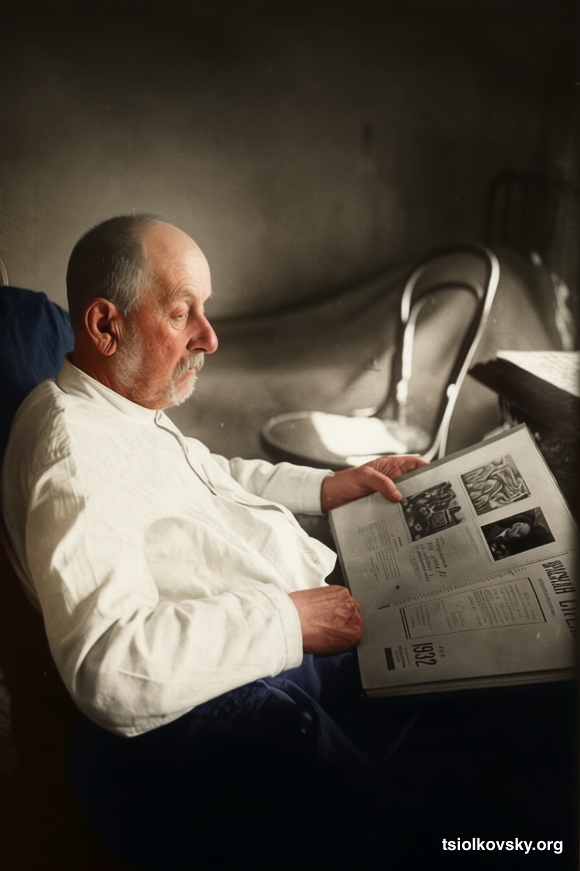 Konstantin Tsiolkovsky relaxes by reading newspapers and magazines. 1932. A photocopy of a black-and-white photograph, restored and colorized using modern technology.