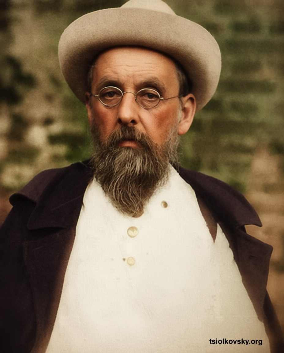 Photo portrait of Konstantin Tsiolkovsky in the summer wearing a hat. 1930-1931. A photocopy of a black-and-white photograph, restored and colorized using modern technology.