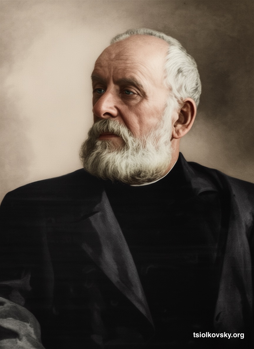 Photo portrait of Konstantin Eduardovich Tsiolkovsky. 1919. A photocopy of a black-and-white photograph, restored and colorized using modern technology.