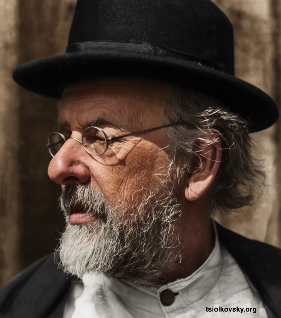 Konstantin Tsiolkovsky in a hat and glasses. Portrait. 1930-1931. A photocopy of a black-and-white photograph, restored and colorized using modern technology.
