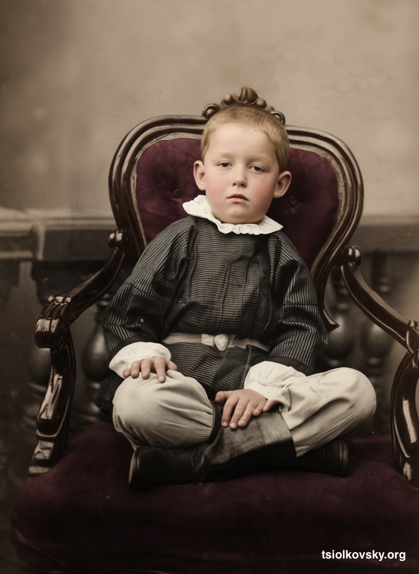 Konstantin Tsiolkovsky at the age of 6-7. 1863-1864. Photographer: Blum Brother`s Photo Studio. A photocopy of a black-and-white photograph, restored and colorized using modern technology.