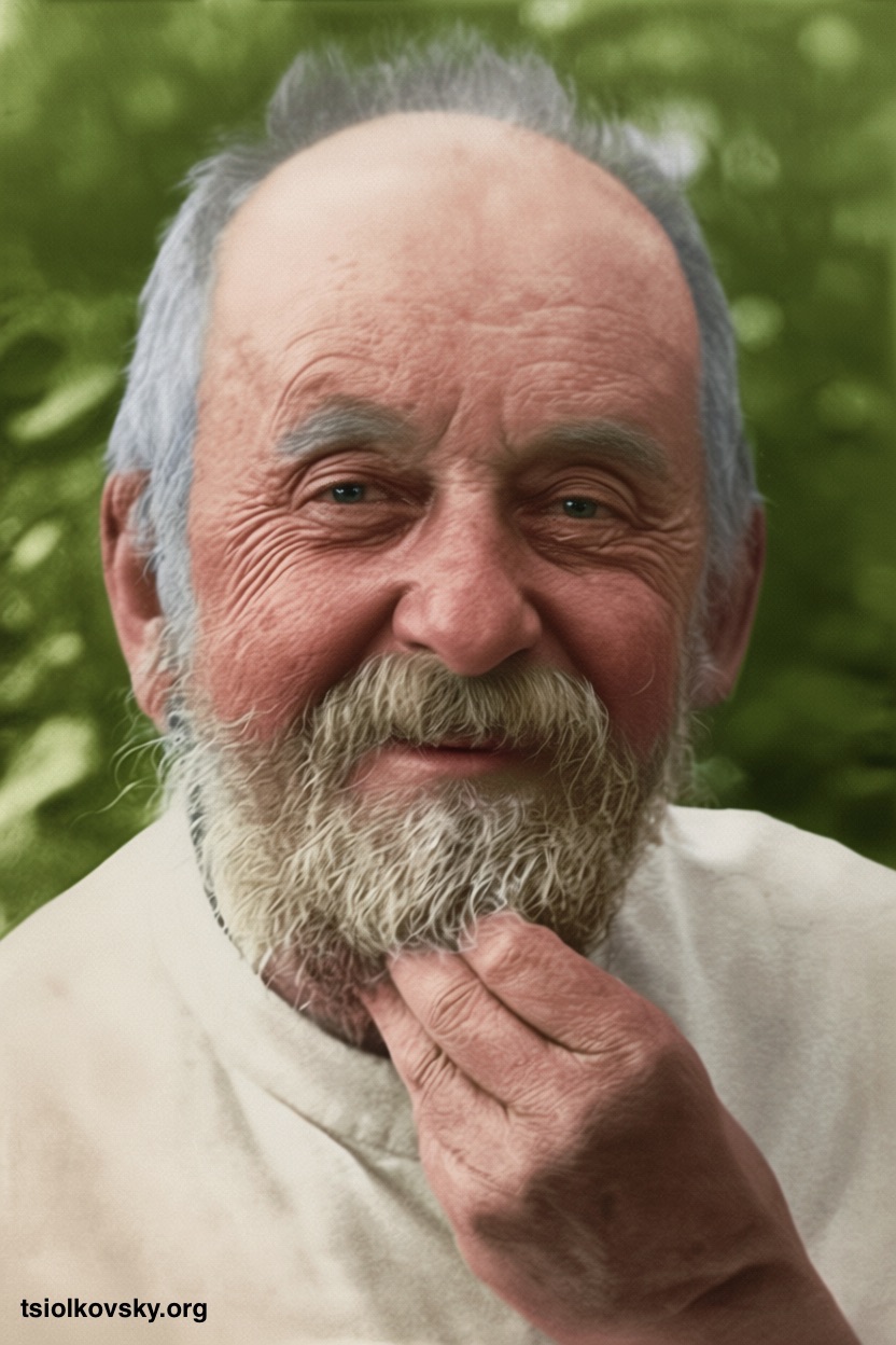 Konstantin Tsiolkovsky's smile. 1930. A photocopy of a black-and-white photograph, restored and colorized using modern technology.