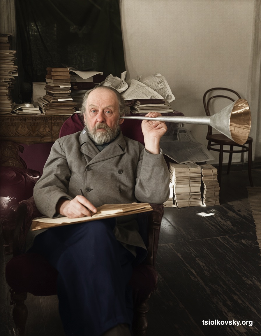 Фотография Константина Циолковского со своей слуховой трубой. 1930. Фотограф: Нетужилин Александр Гаврилович (1909–1980). Фотокопия исходной чёрно-белой фотографии отреставрирована и расцвечена с помощью современных технологий