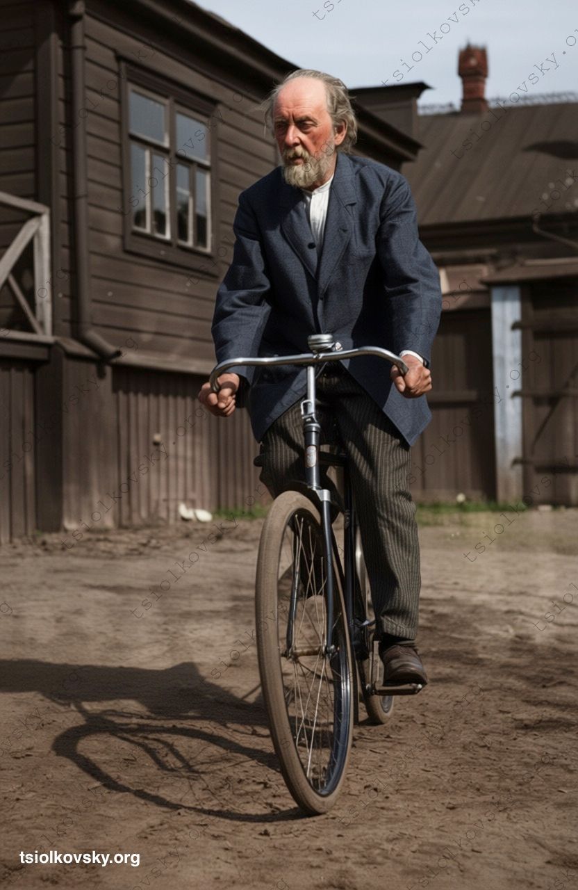 Фото Константина Циолковского на велосипеде во дворе своего дома. 1934. Фотограф: Чмиль Феодосий Андроникович (1900-1945). Источник цифровой копии оригинальной черно-белой фотографии: Wikimedia Commons (Public Domain). Восстановленная и колоризованная версия фотографии. Цифровая реставрация & колоризация: Mykola Krasnostup.