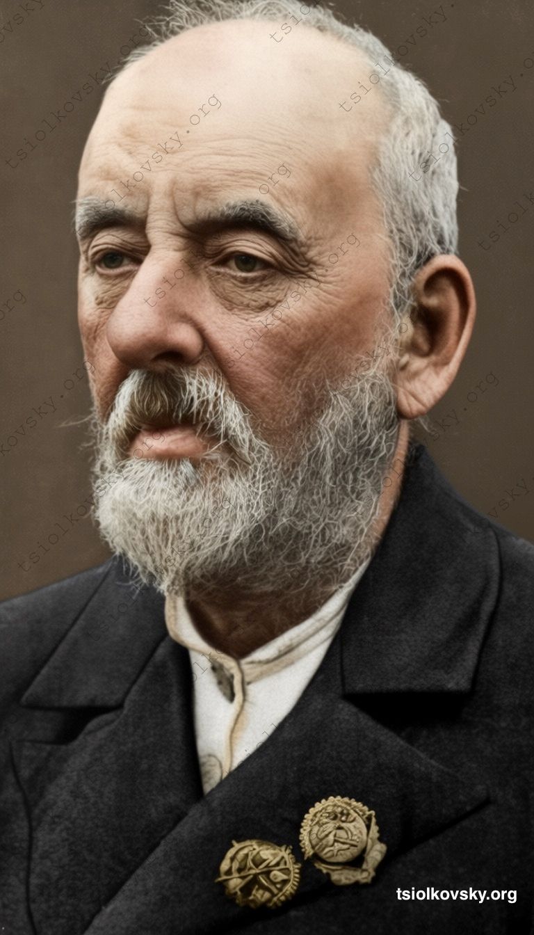 Фотография Константина Циолковского c орденом Трудового Красного Знамени и нагрудным знаком Активист Осоавиахима СССР. 1932-1933. Фотограф: Чмиль Феодосий Андроникович (1900-1945). Источник цифровой копии оригинальной черно-белой фотографии: Wikimedia Commons (Public Domain). Восстановленная и колоризованная версия фотографии. Цифровая реставрация & колоризация: Mykola Krasnostup.