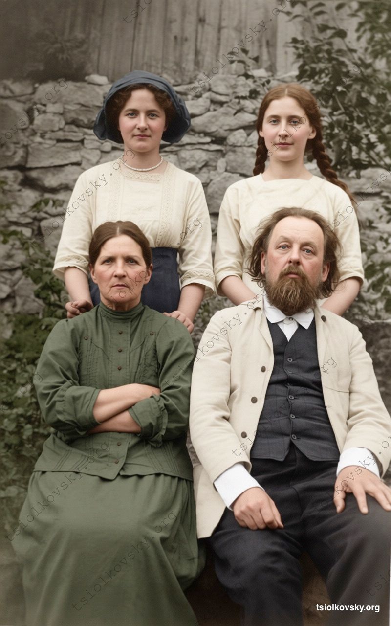 Фото. К. Э. Циолковский с женой и дочерьми. 1914 г. Фотограф: Ассонов Александр Васильевич (1877—1943). Источник цифровой копии оригинальной черно-белой фотографии: Wikimedia Commons (Public Domain). Восстановленная и колоризованная версия фотографии. Цифровая реставрация & колоризация: Mykola Krasnostup.
