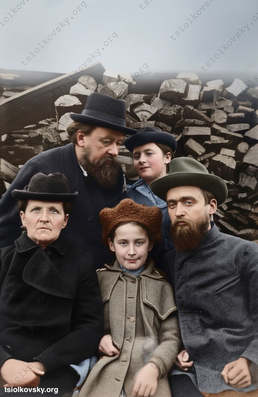 К. Э. Циолковский с семьёй во дворе своего дома во время наводнения 1908 г. Источник цифровой копии оригинальной черно-белой фотографии: Wikimedia Commons (Public Domain). Восстановленная и колоризованная версия фотографии. Цифровая реставрация & колоризация: Mykola Krasnostup.