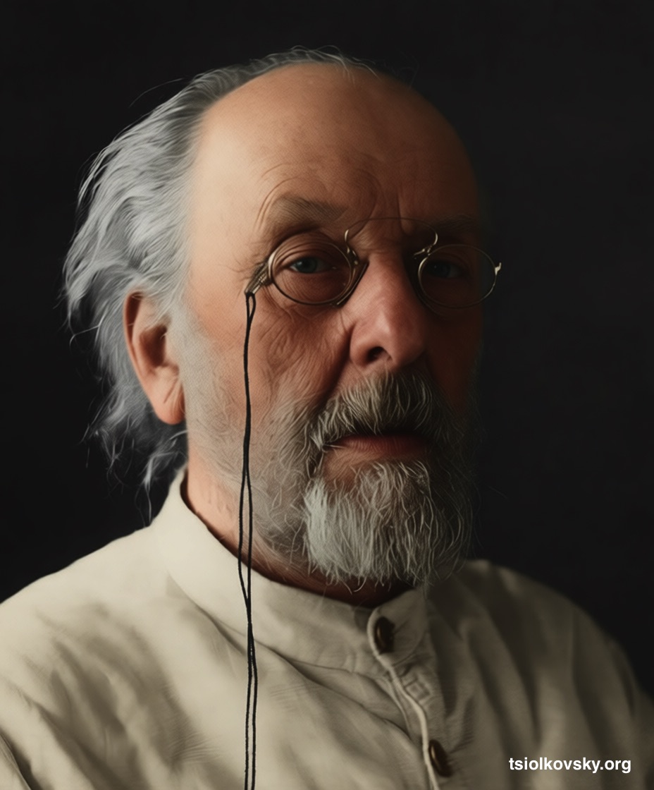 Фотопортрет Константина Эдуардовича Циолковского. 1934. Фотограф: Лавров Михаил Николаевич (1896 - 1979). Фотокопия исходной чёрно-белой фотографии отреставрирована и расцвечена с помощью современных технологий