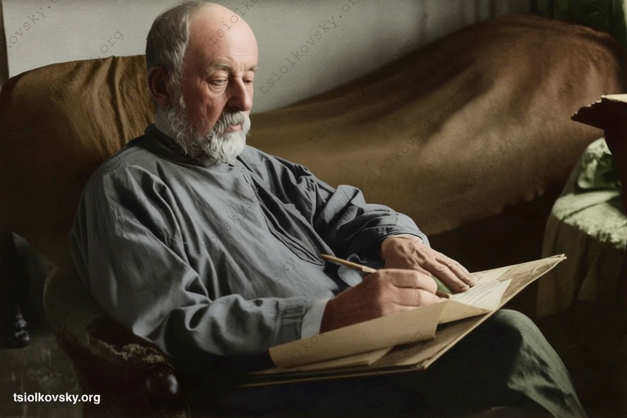 К. Э. Циолковский в своём кабинете. 1932. Фотограф: Чмиль Феодосий Андроникович (1900-1945). Источник цифровой копии оригинальной черно-белой фотографии: Wikimedia Commons (Public Domain). Восстановленная и колоризованная версия фотографии. Цифровая реставрация & колоризация: Mykola Krasnostup.