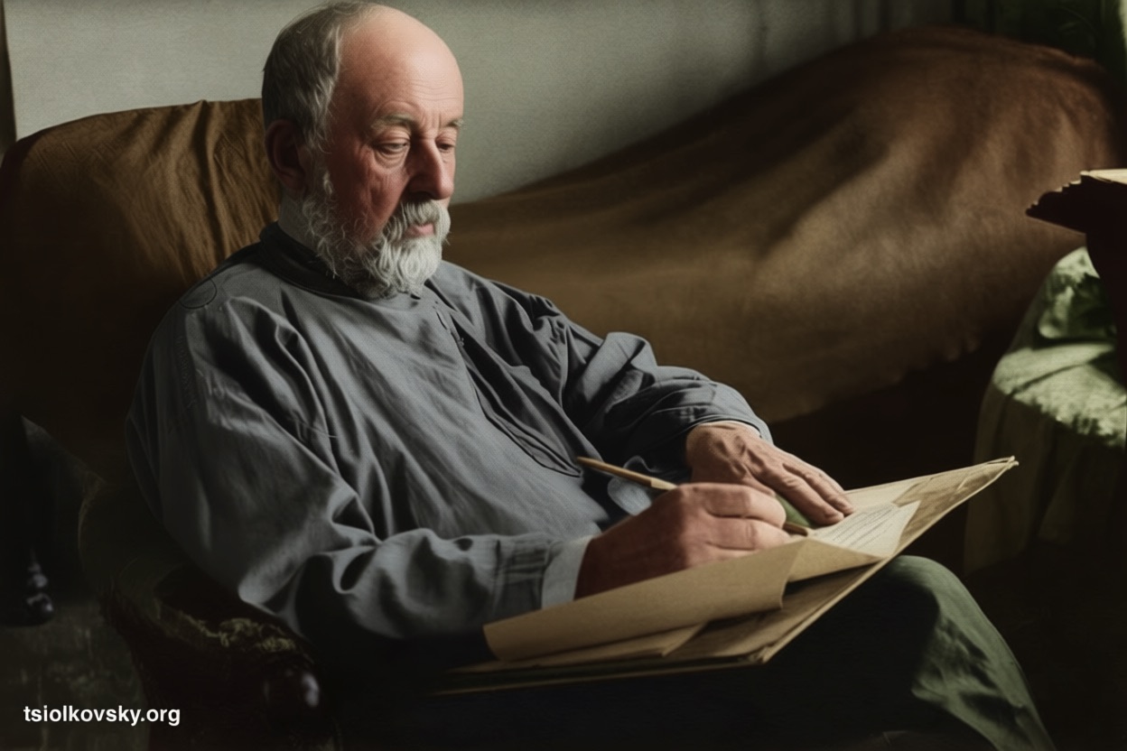 К.Э.Циолковский в своём кабинете. 1932. Фотограф: Чмиль Феодосий Андроникович. Фотокопия исходной чёрно-белой фотографии отреставрирована и расцвечена с помощью современных технологий