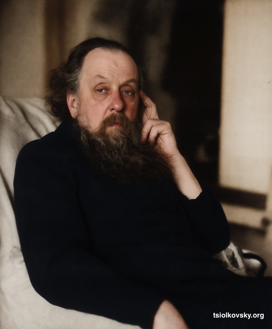 Фотопортрет Константина Эдуардовича Циолковского. 1925-1926 гг. Фотокопия исходной чёрно-белой фотографии отреставрирована и расцвечена с помощью современных технологий