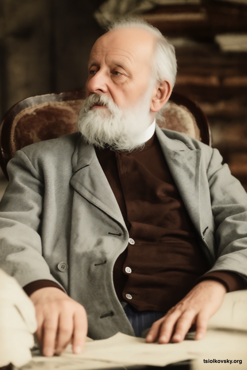 Константин Эдуардович Циолковский. Крайняя дата - 1919 г. Фотокопия исходной чёрно-белой фотографии отреставрирована и расцвечена с помощью современных технологий