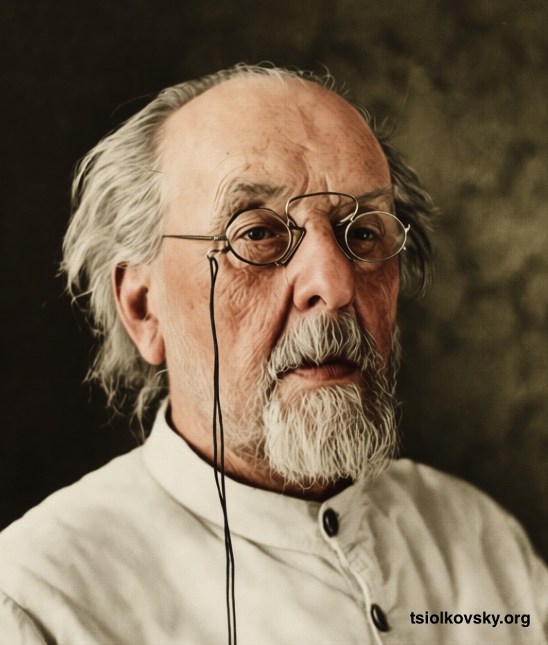 Фотопортрет Константина Эдуардовича Циолковского. 1934. Фотограф: Лавров Михаил Николаевич (1896 - 1979). Фотокопия исходной чёрно-белой фотографии отреставрирована и расцвечена с помощью современных технологий