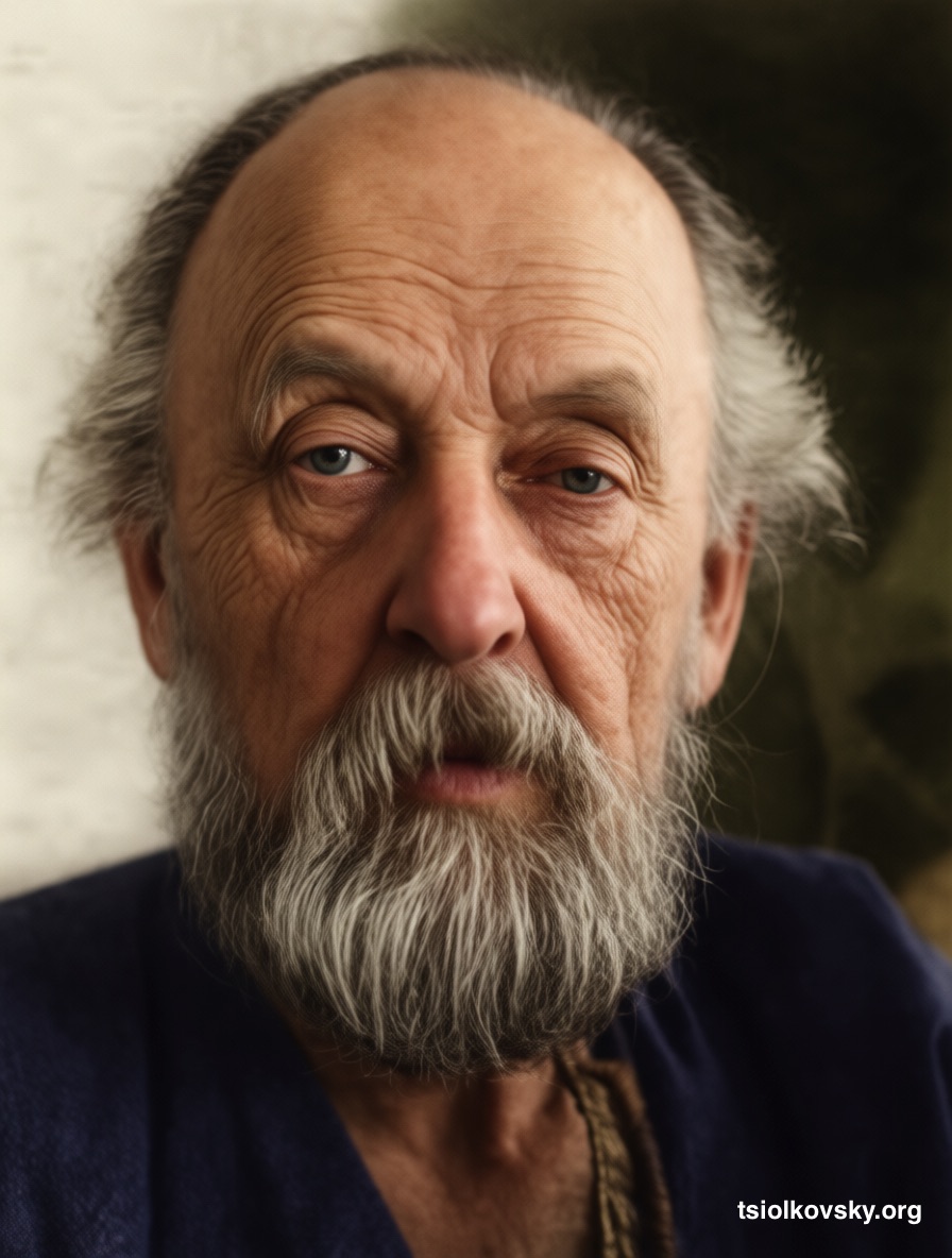 К. Э. Циолковский. Фотопортрет. 1928-1934. Фотограф: Нетужилин Александр Гаврилович (1909–1980). Фотокопия исходной чёрно-белой фотографии отреставрирована и расцвечена с помощью современных технологий