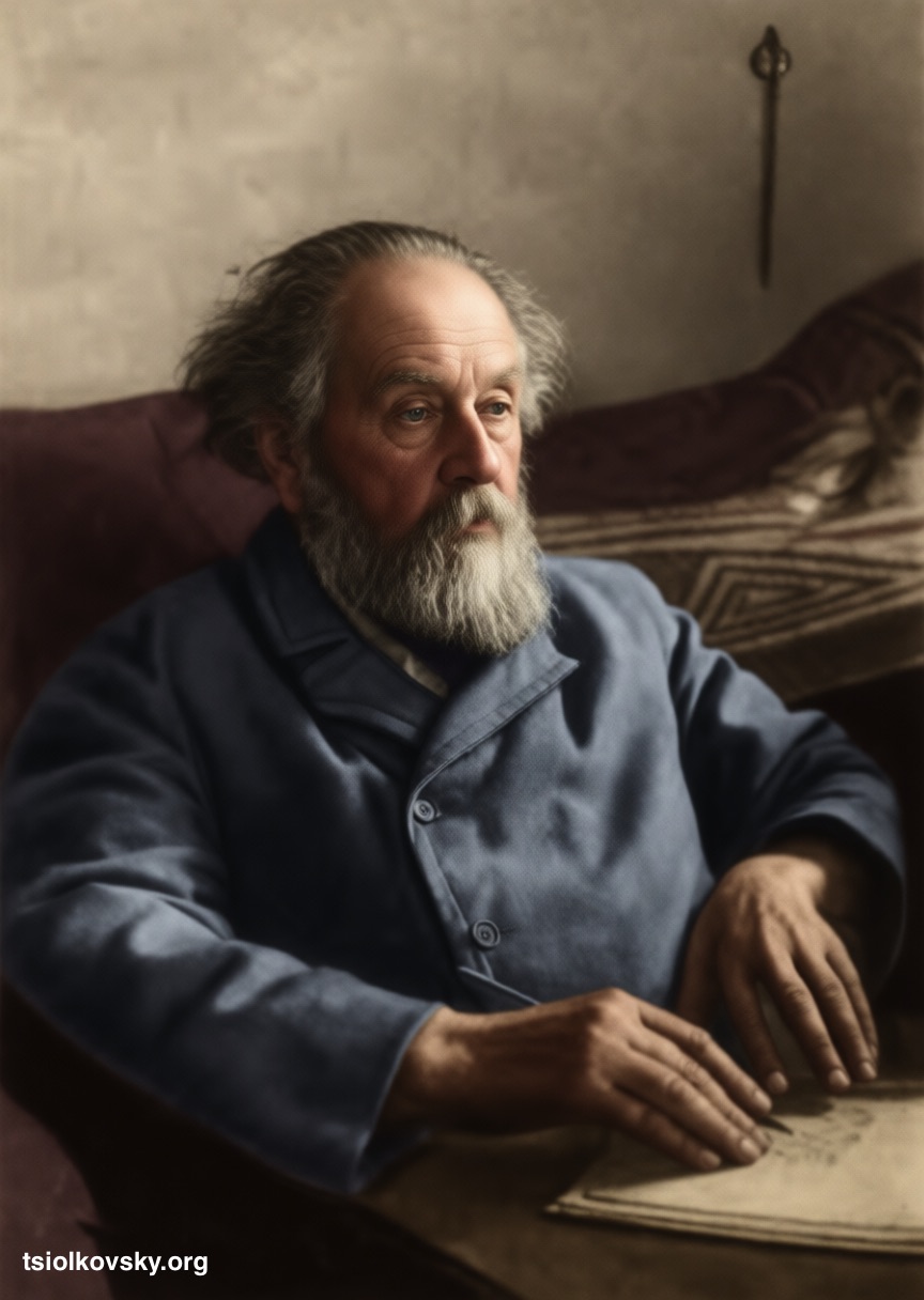 Константин Эдуардович Циолковский в домашней обстановке за работой. 1928. Фотограф: Нетужилин Александр Гаврилович (1909–1980). Фотокопия исходной чёрно-белой фотографии отреставрирована и расцвечена с помощью современных технологий