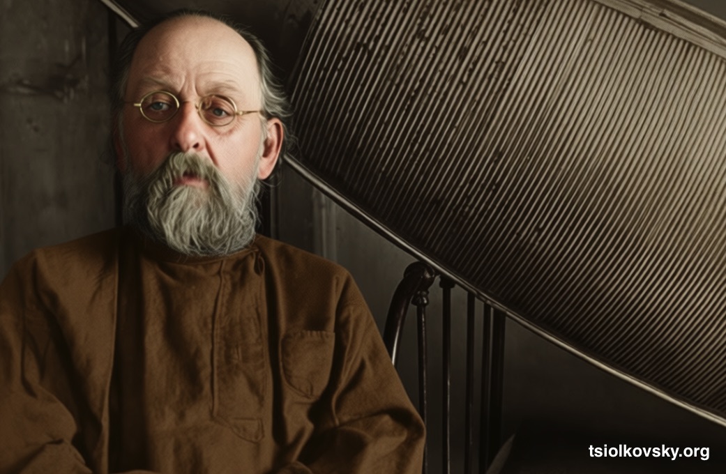 К. Э. Циолковский в своем кабинете. 1930. Фотограф: Нетужилин Александр Гаврилович (1909–1980). Фотокопия исходной чёрно-белой фотографии отреставрирована и расцвечена с помощью современных технологий