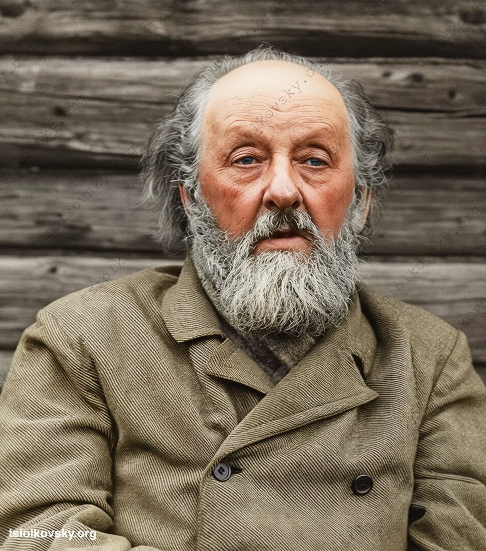 Фото Константина Циолковского. 1934. Фотограф: Николай Александрович Можайкин. Источник цифровой копии оригинальной черно-белой фотографии: Wikimedia Commons (Public Domain). Восстановленная и колоризованная версия фотографии. Цифровая реставрация & колоризация: Mykola Krasnostup.