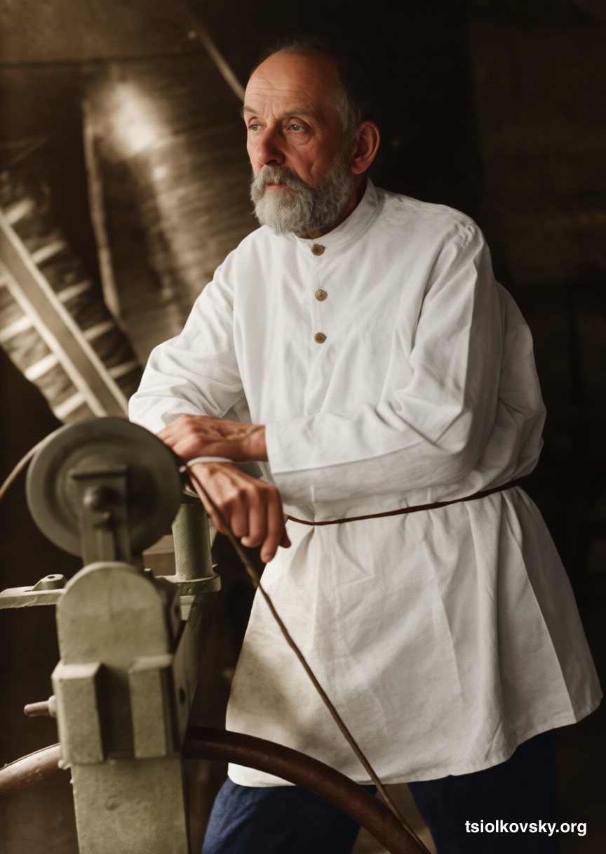 Циолковский в раздумьях у токарного станка в своей мастерской. 1930-1931. Фотограф: Нетужилин Александр Гаврилович (1909–1980). Фотокопия исходной чёрно-белой фотографии отреставрирована и расцвечена с помощью современных технологий